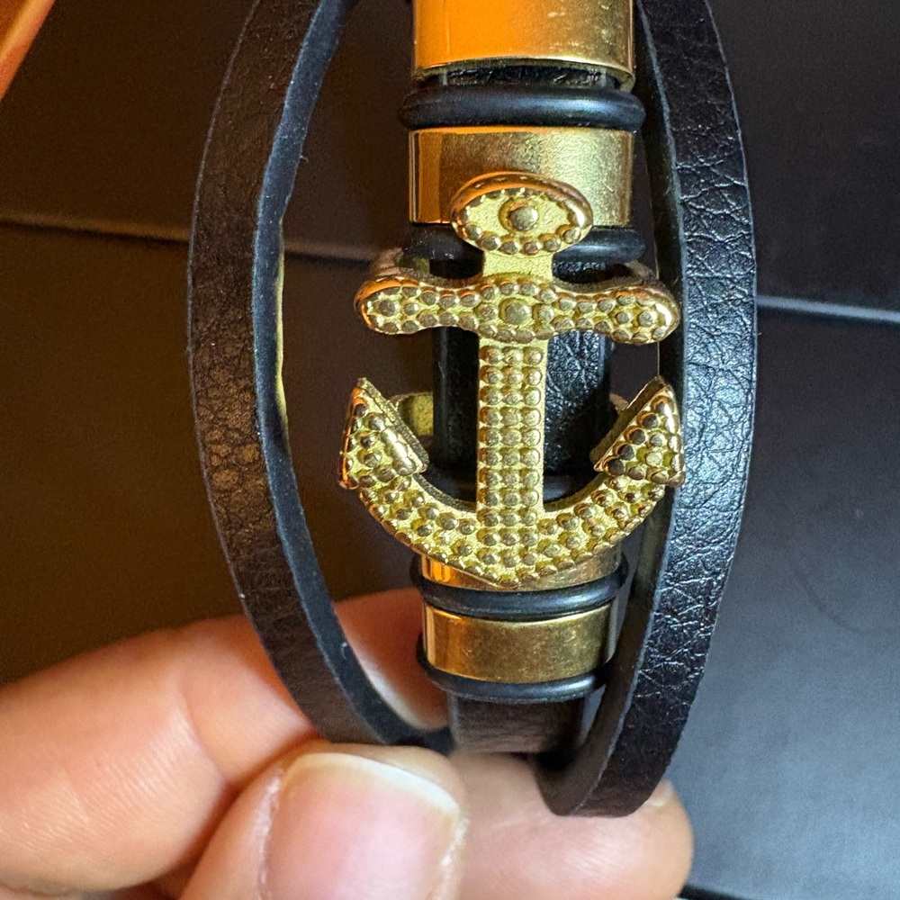 SS Gold Anchor Black Leather Bracelet